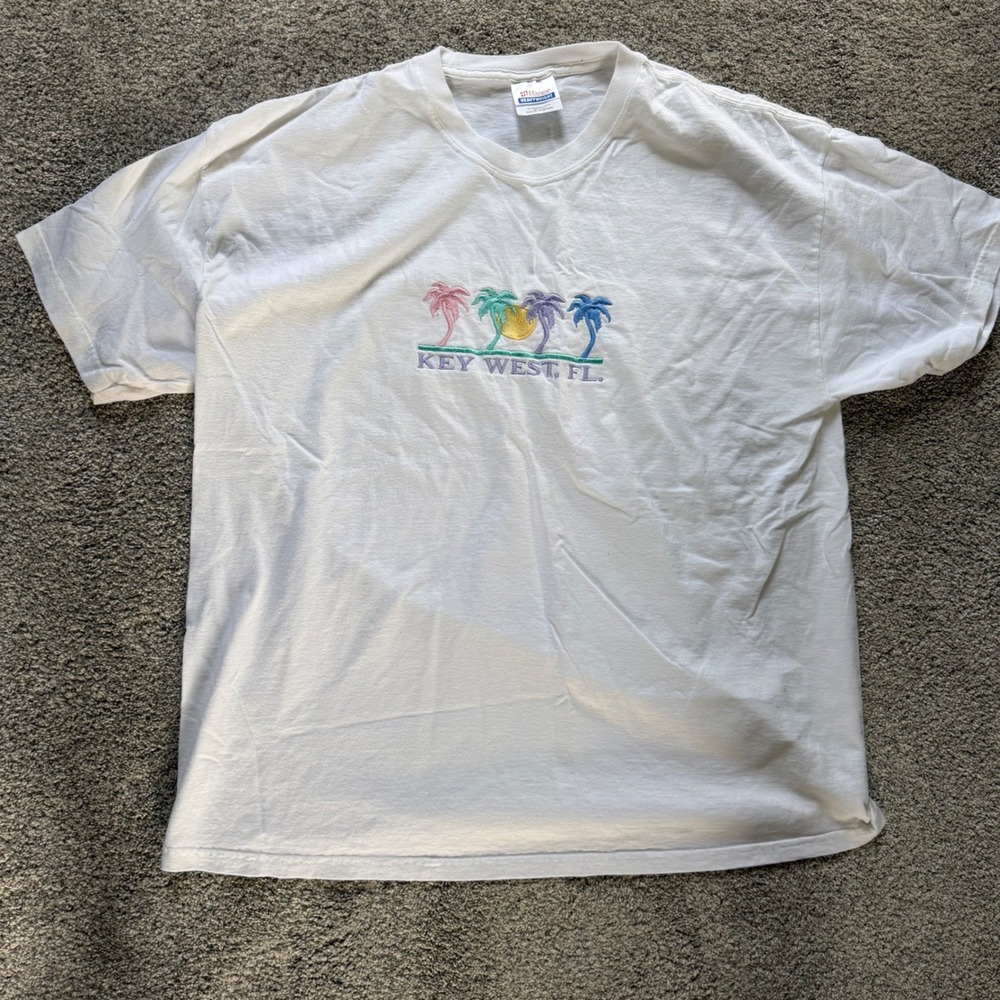 Hanes Heavyweight Key West FL Embroidered Palm Tree T-Shirt White XL Souvenir